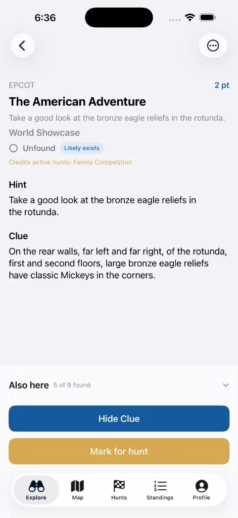 Hint → Clue → Mark Found screenshot
