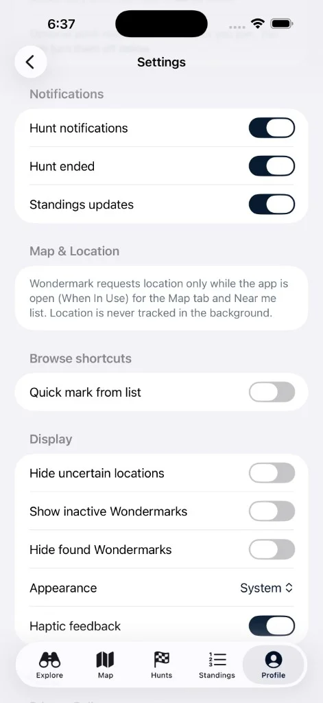 Settings with notification toggles